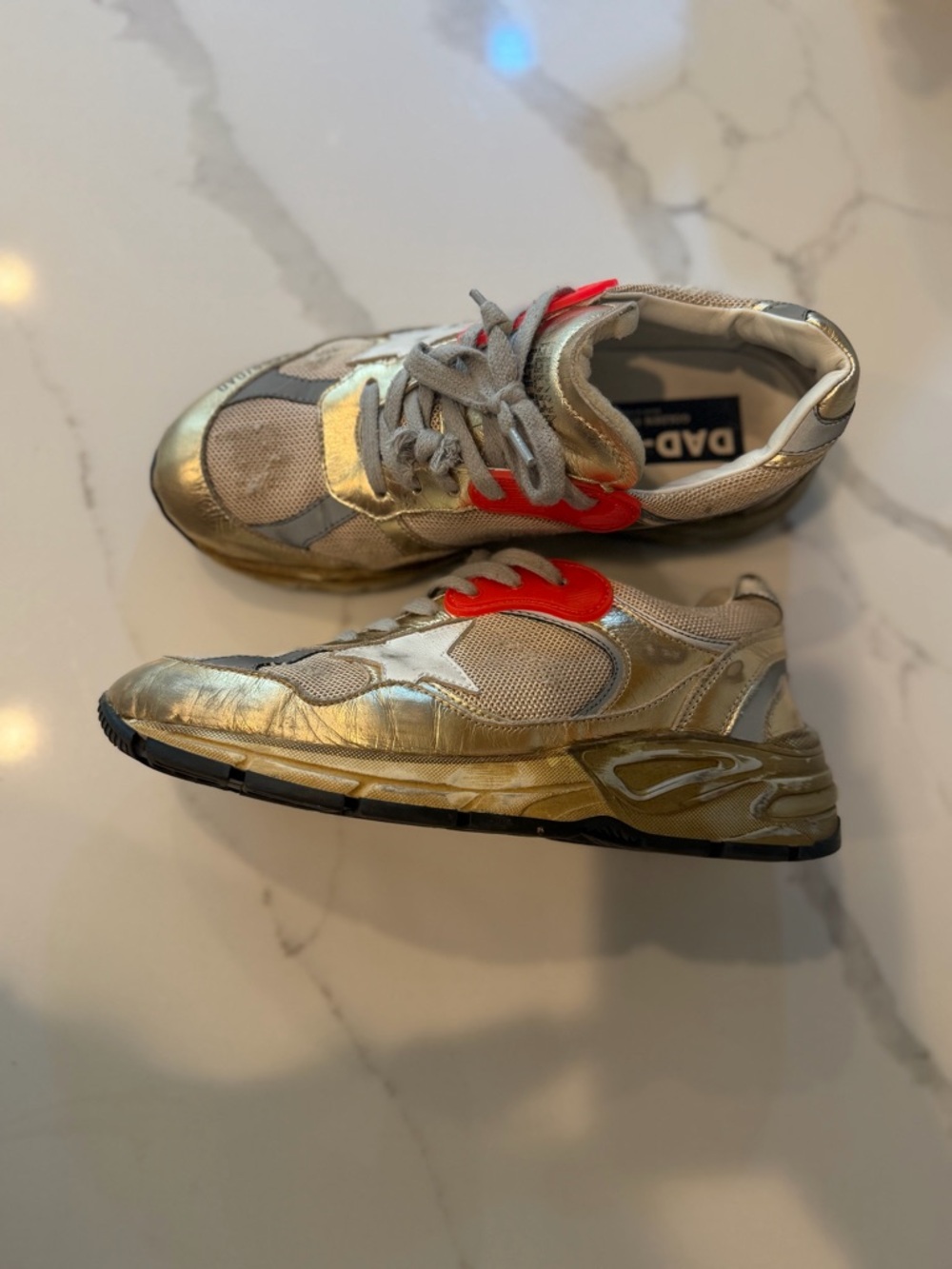 Golden Goose Dadstar Metallic Gold Sneakers with Red orange Eyelet Accents - Picture 3 of 9